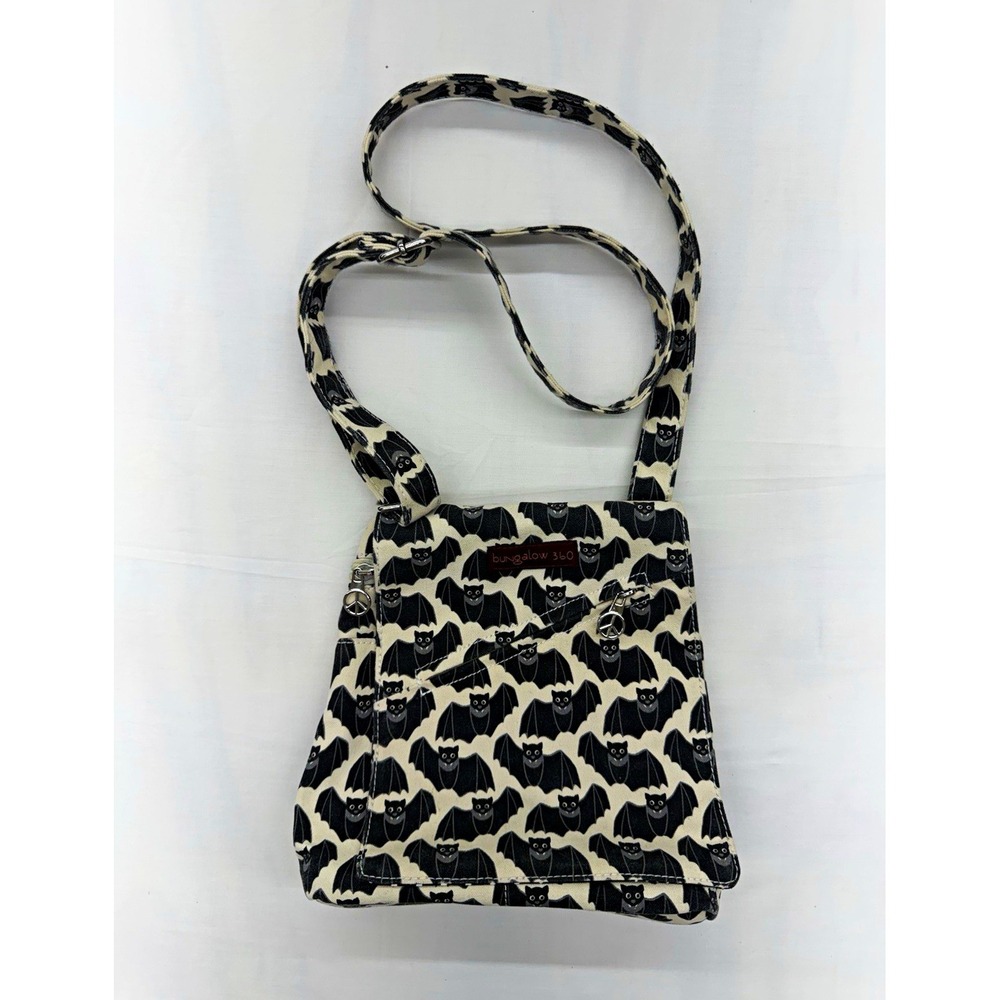 Bungalow 360 Bat Print Small Crossbody Bag Black White Zip Closure Inner Pockets